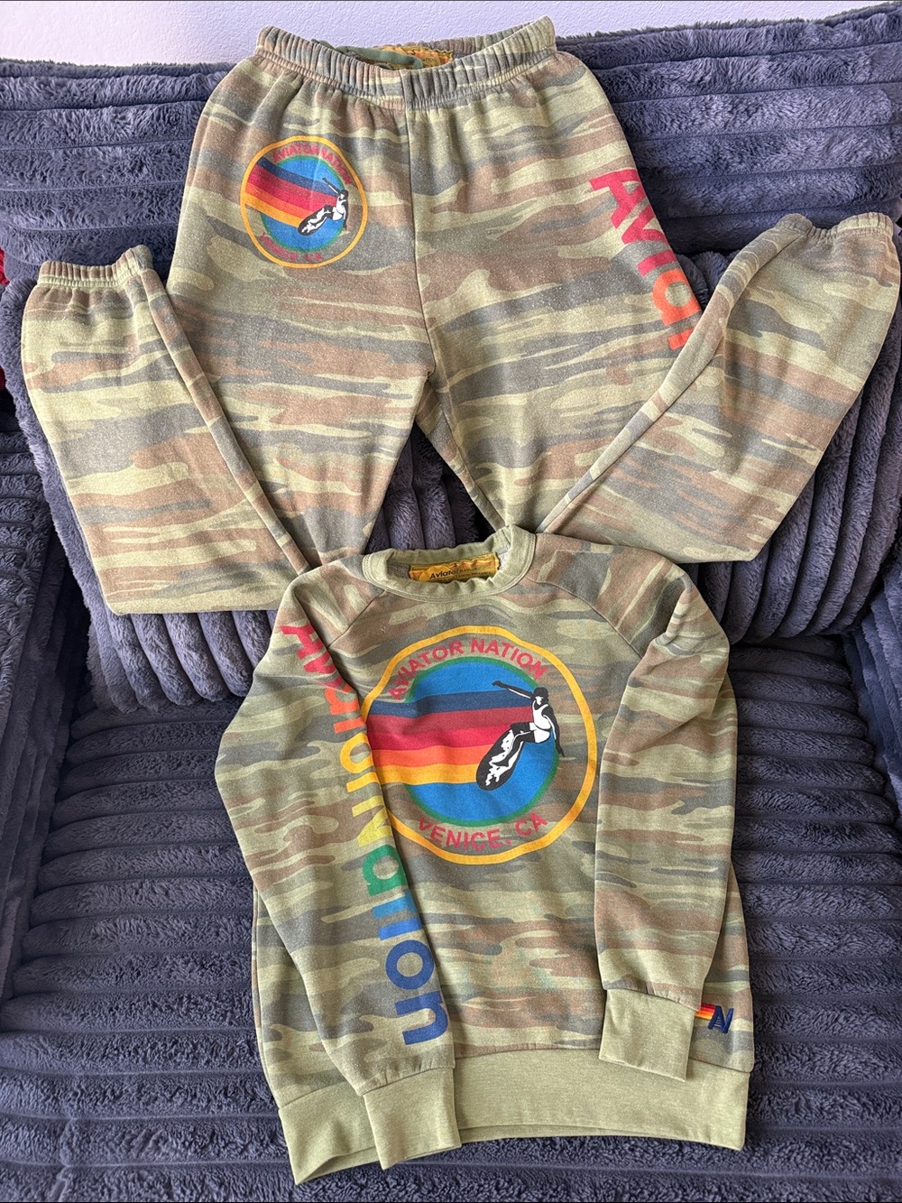 Aviator Nation Women’s Green Camo Sweatshirt & Joggers with Rainbow Logo